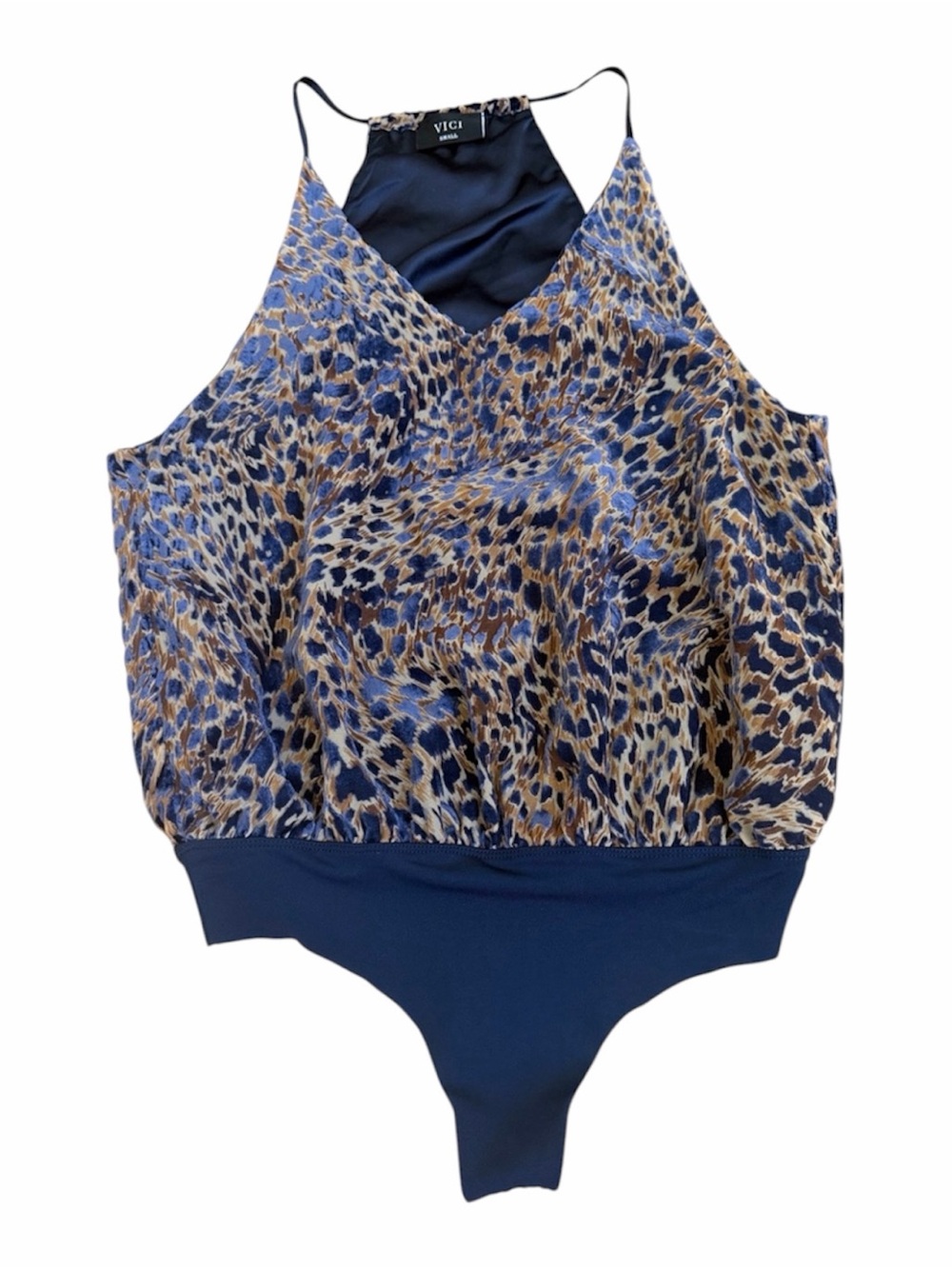 VICI navy blue and tan bodysuit in a leopard print velvet fabric Size S